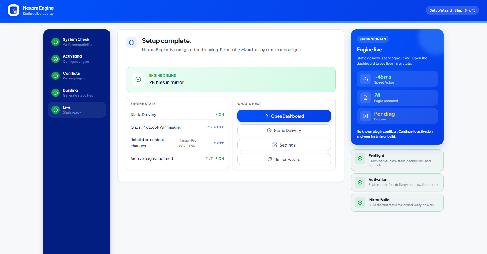 Nexora Engine Setup Wizard verifying compatibility and enabling static delivery