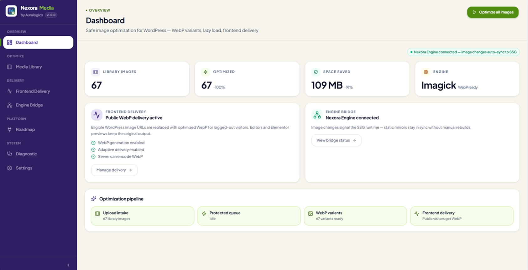 Nexora Media dashboard showing library stats, space saved, and the optimization pipeline