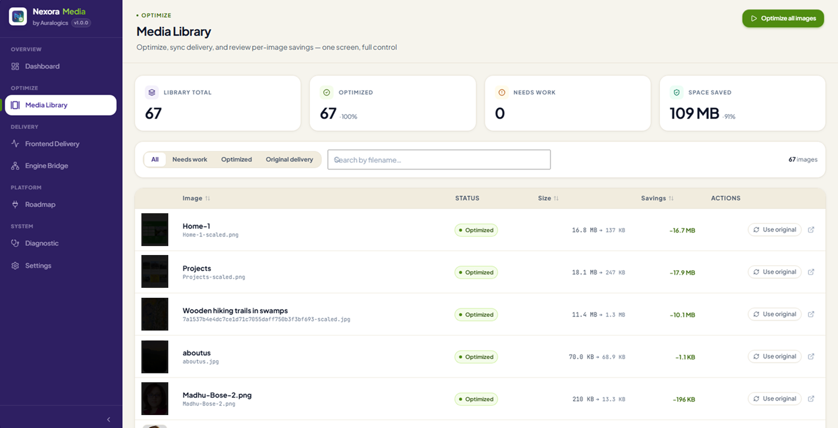 Nexora Media library view with per-image cards showing status, savings, and a use-original toggle