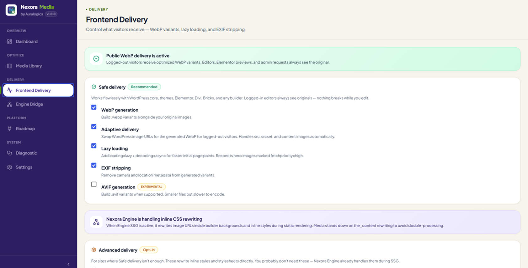 Nexora Media frontend delivery settings separating safe and advanced options