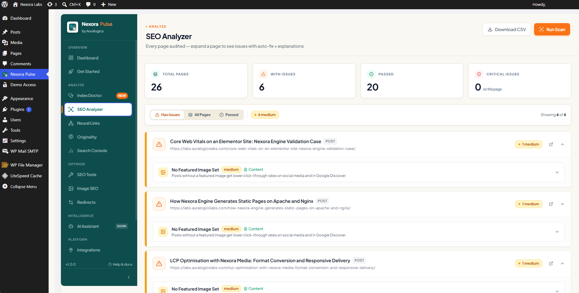 Nexora Pulse SEO Analyzer scoring a page and listing fixable issues