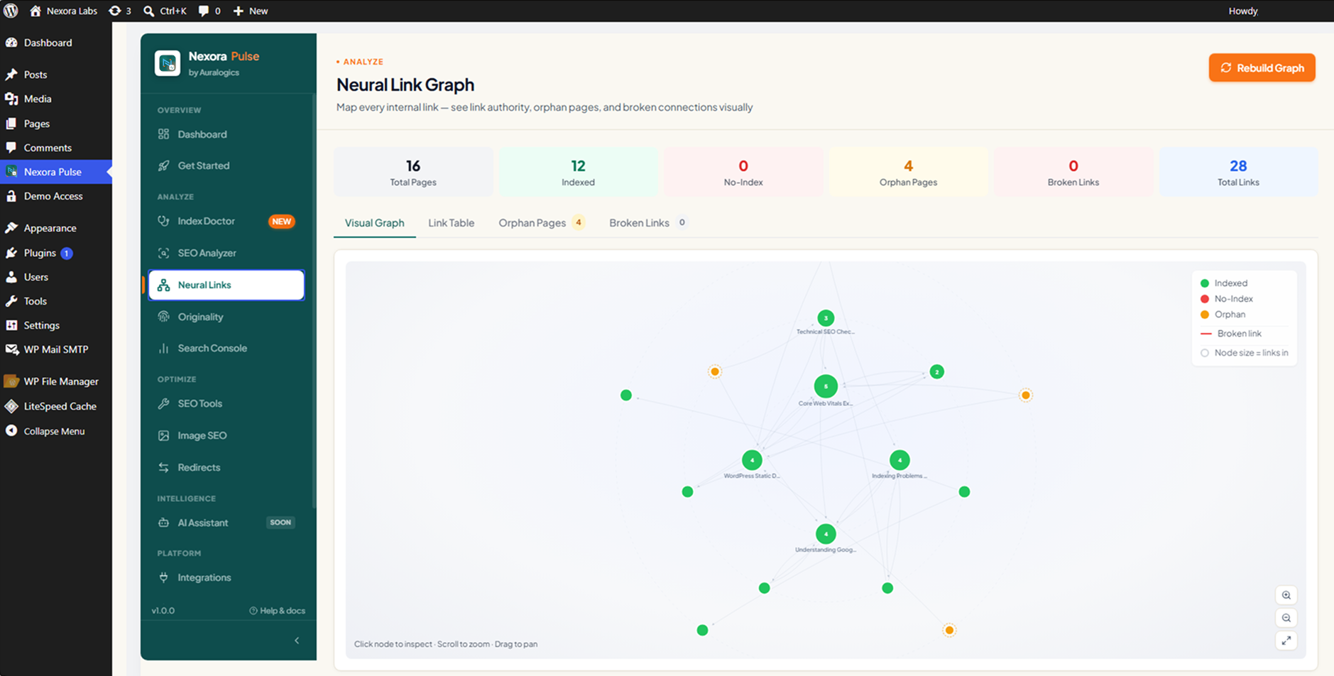Nexora Pulse Neural Link graph mapping internal links, orphan pages, and broken links