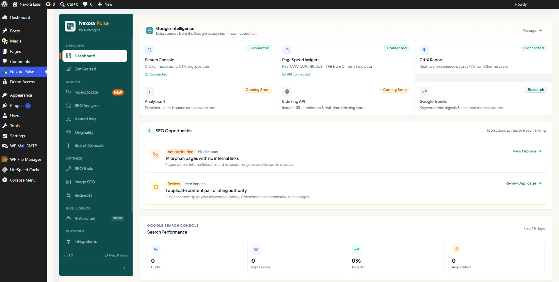 Nexora Pulse Google intelligence screen with connected data sources and prioritized opportunities