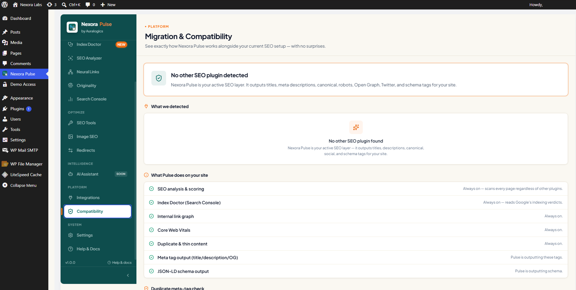 Nexora Pulse Migration & Compatibility Center detecting other SEO plugins