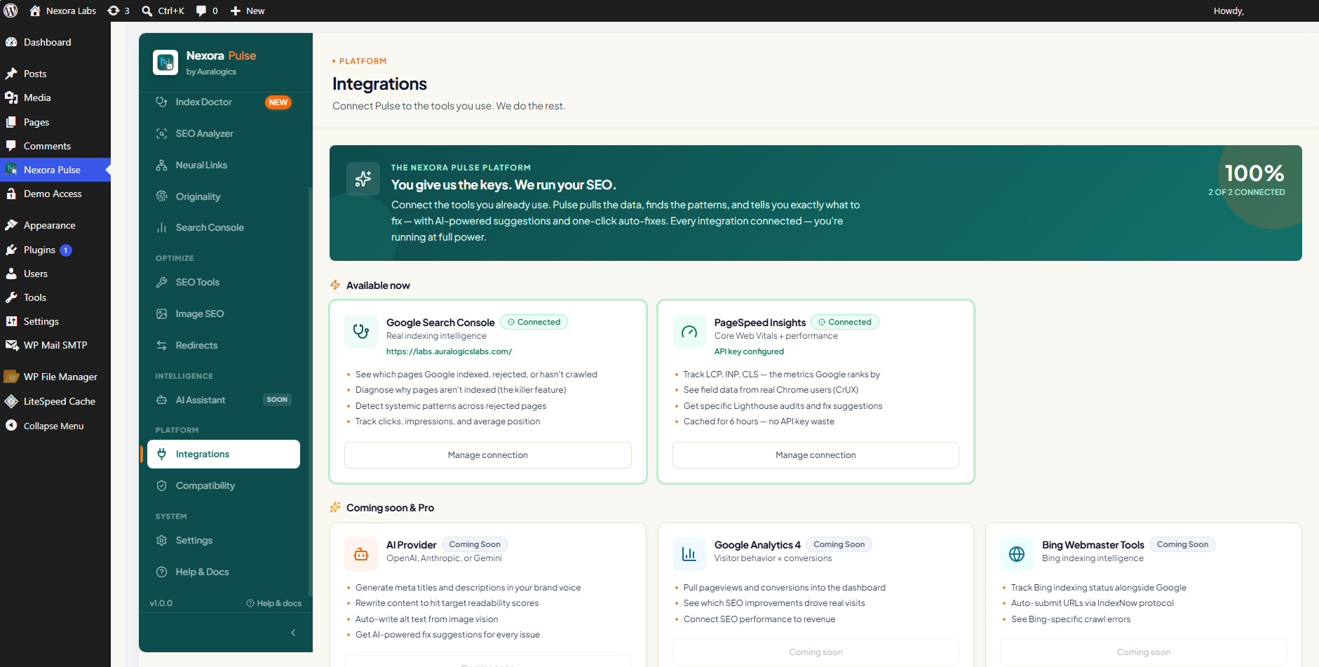 Nexora Pulse Integrations screen for connecting Google Search Console and PageSpeed Insights