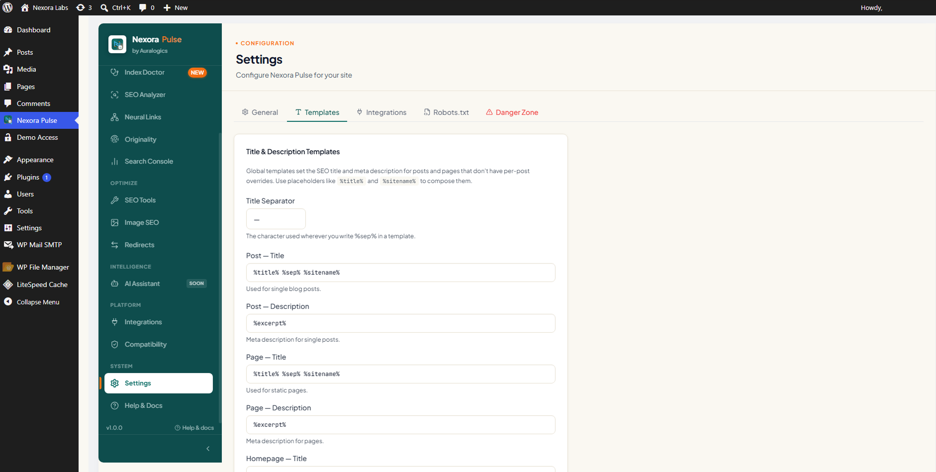 Nexora Pulse Settings screen with title/meta templates and data controls
